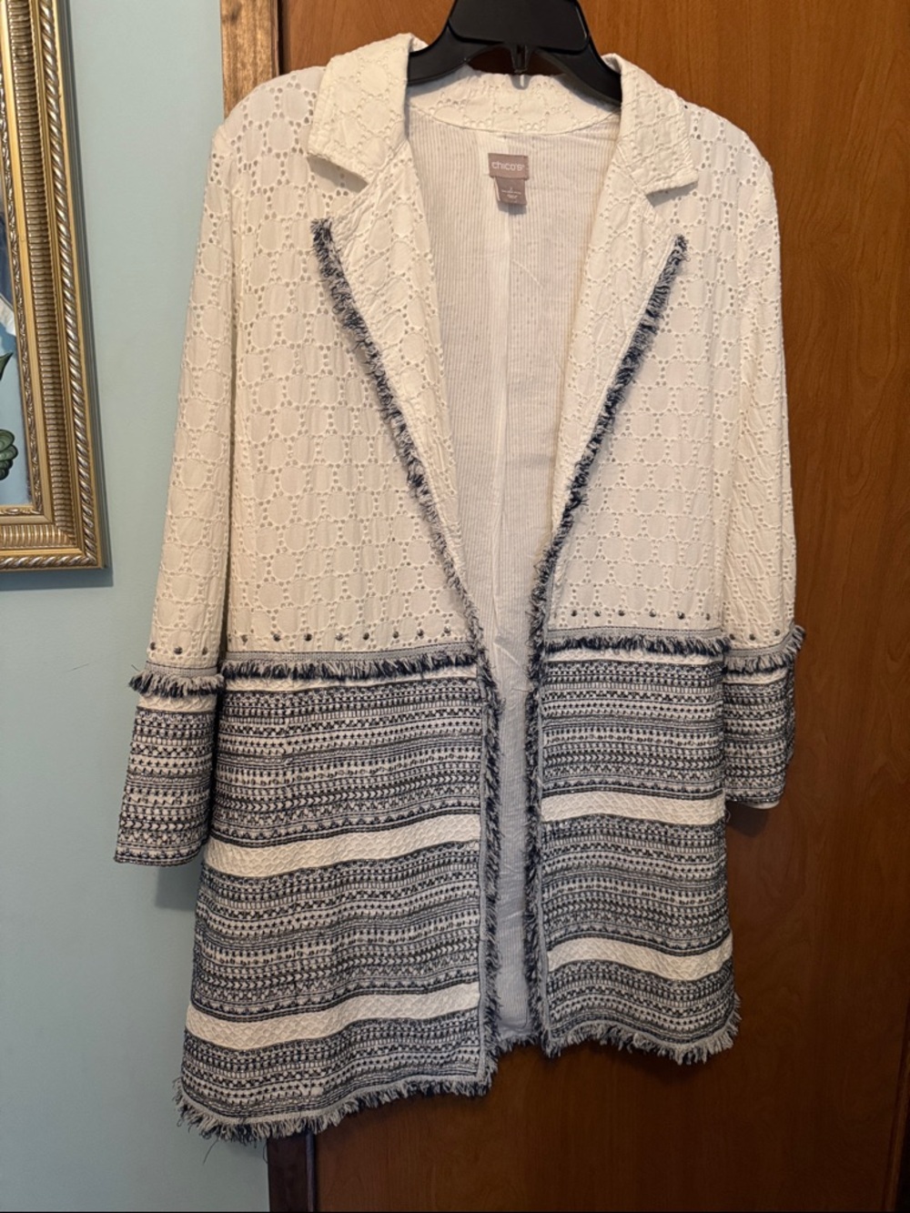 Chico's Ivory and Navy Fringe Open-Front Knit Coat